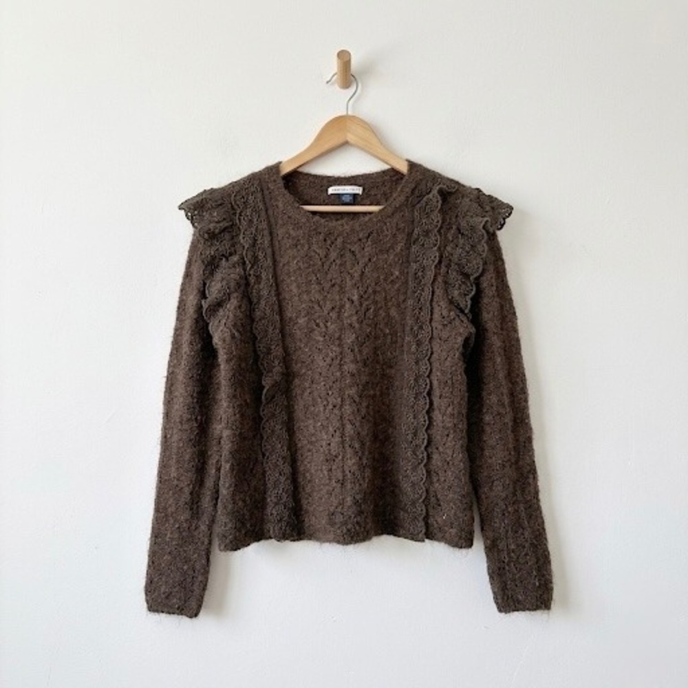 American Eagle‎ Brown Pointelle Knit Ruffle Lace Trim Sweater Womens Medium 1632
